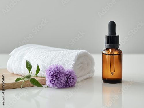 beauty treatment items for spa procedures on white wooden table with green plant. massage stones, essential oils and sea salt with burning candle 