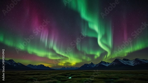 a display of the Aurora Borealis, the Northern Lights. A vibrant curtain of green light dances across the night sky, illuminated by a myriad of twinkling stars.