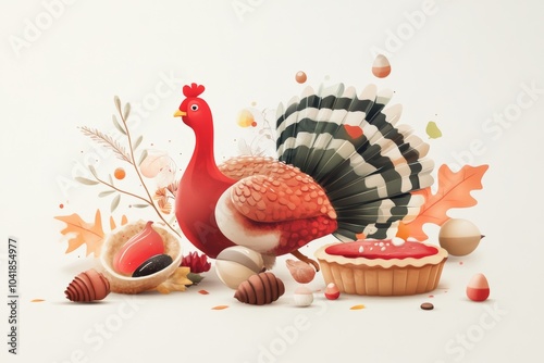 Digital illustration of Thanksgiving symbols, such as a turkey, pie, and acorns, arranged in a minimal composition with lots of white space around them photo