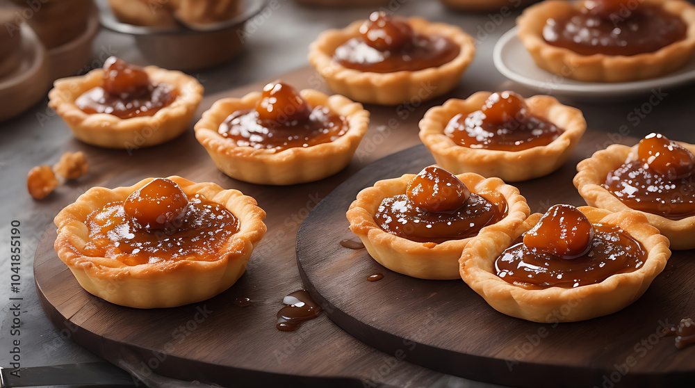 Illustration fresh delicious tasty caramelized tarts arranged on a wooden platter with a sweet snack high quality background. Illustration fresh delicious tasty caramelized tarts arranged on a wooden platter with a sweet snack high quality background.