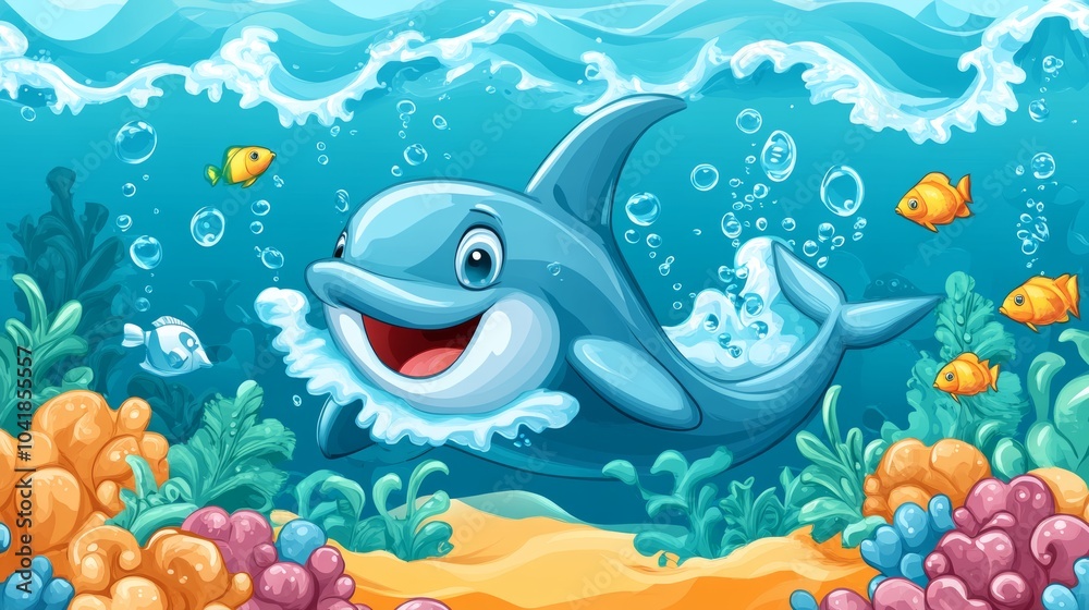 Obraz premium Happy Dolphin Swimming Underwater with Fish and Coral Reef