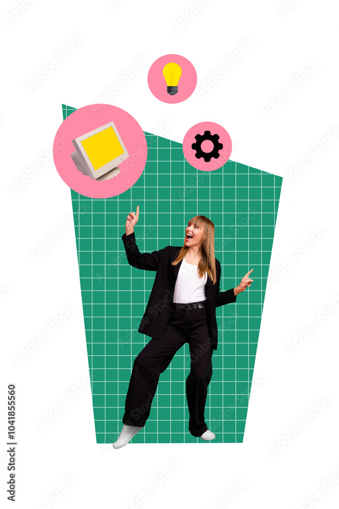 Vertical photo collage of happy business girl dance light bulb idea plan finding gearwheel pc monitor screen isolated on painted background Vertical photo collage of happy business girl dance light bulb idea plan finding gearwheel pc monitor screen isolated on painted background