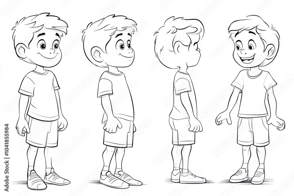 children's coloring book page, male caucasian 5 year old child, multiple facial expressions poses, front view, side view, back view children's coloring book page, male caucasian 5 year old child, multiple facial expressions poses, front view, side view, back view