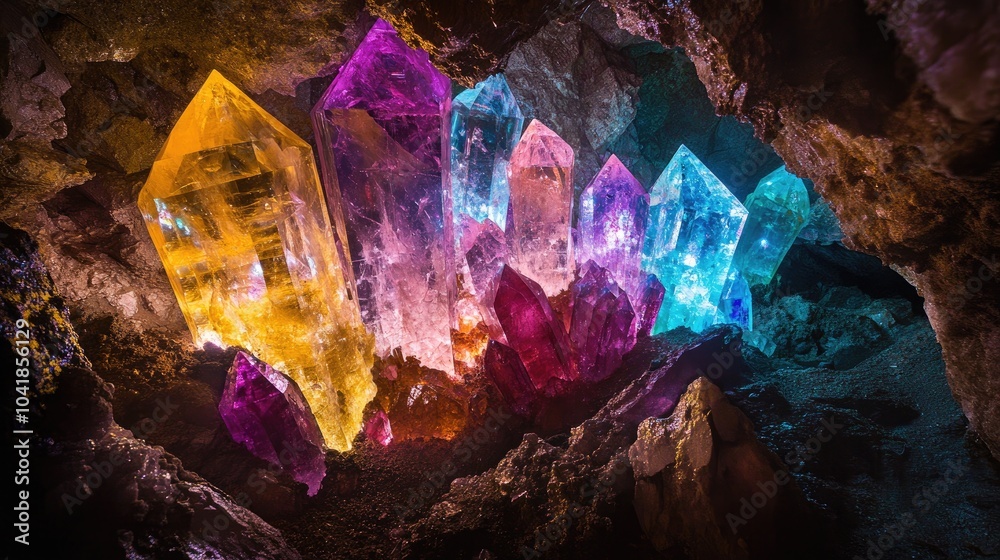 The walls of a subterranean crystal mine shimmer with radiant gems, lighting up the cavern in a colorful, ethereal glow.