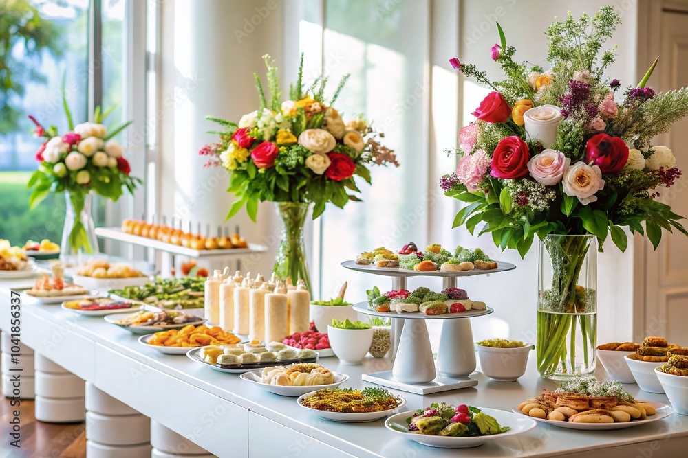 Elegant Wedding Buffet Setup for Reception with Minimalist Aesthetic and Delicious Food Choices Elegant Wedding Buffet Setup for Reception with Minimalist Aesthetic and Delicious Food Choices