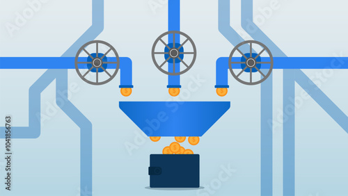 Multiple income streams, revenue from invest, business profit and passive income concept with coins coming out of the pipe and into the wallet