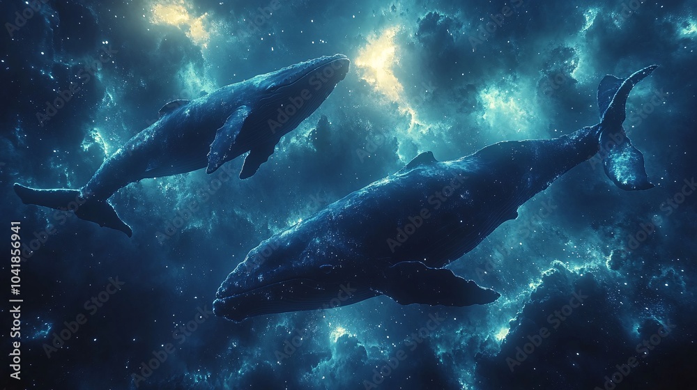 Whales Swimming in an Abstract Night Sky Whales Swimming in an Abstract Night Sky