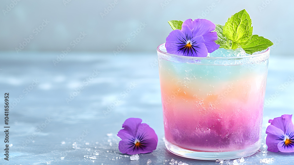 Whimsical Gelatin Dessert in a Glass Bowl, Adorned with Edible Flowers and Sweet Syrup Whimsical Gelatin Dessert in a Glass Bowl, Adorned with Edible Flowers and Sweet Syrup