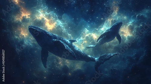 Whales Swimming in a Night Sky Scene