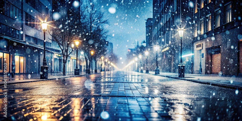 A city street with rain-soaked pavement and snowflakes falling from the sky, skyscrapers, wet surfaces A city street with rain-soaked pavement and snowflakes falling from the sky, skyscrapers, wet surfaces