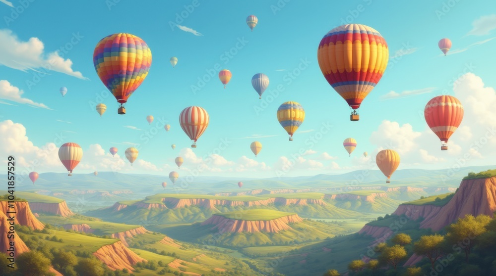 Obraz premium Several colorful hot air balloons ascend above a detailed landscape of rolling hills and valleys, creating a stunning view filled with vibrant hues against a backdrop of lush greenery and gentle slope