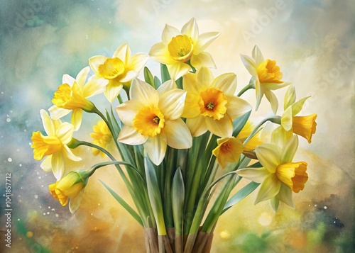 Elegant Yellow Spring Daffodils - Minimalistic Watercolor Painting of Narcissus Flowers for Springtime Decor