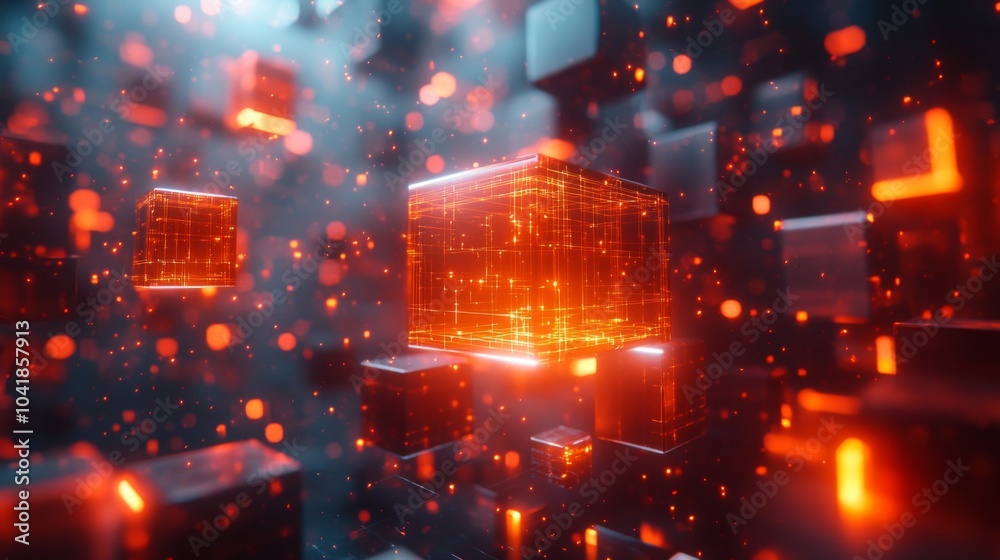 Glowing cubes hover in a dynamic digital environment, surrounded by a ...