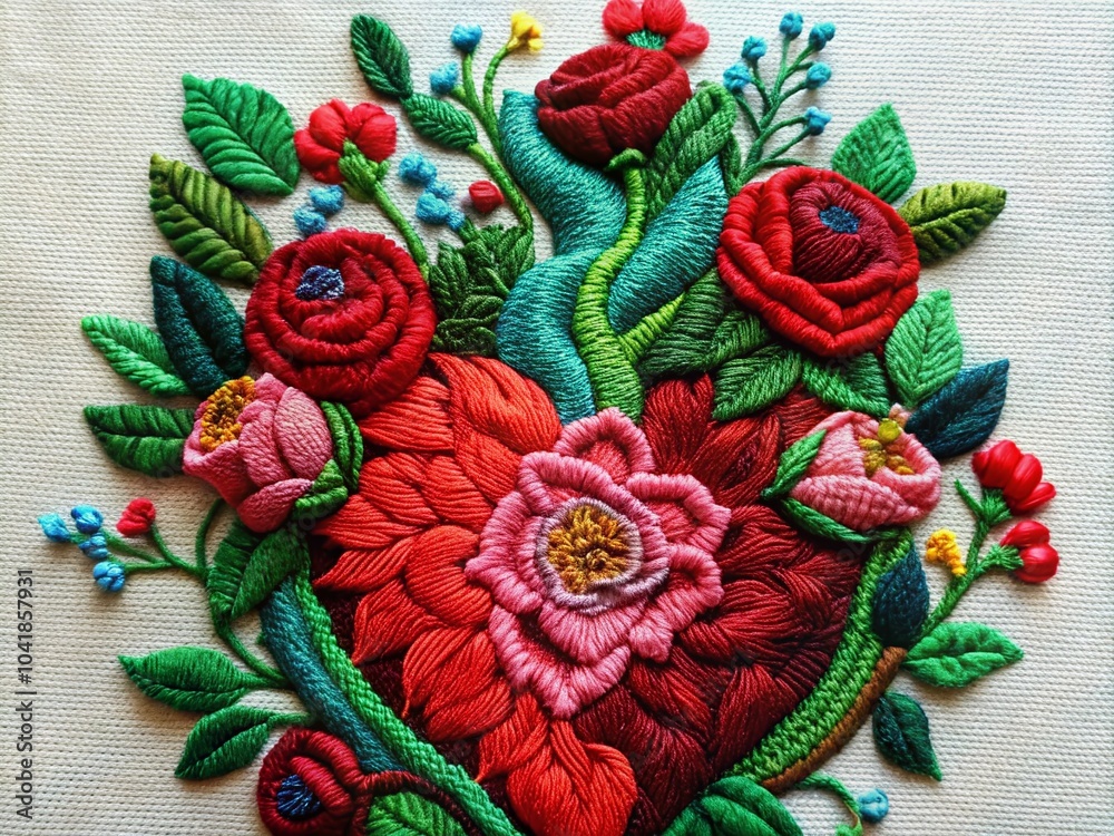 Embroidered Anatomical Human Heart with Roses Patch for Fashion and Textile Design Embroidered Anatomical Human Heart with Roses Patch for Fashion and Textile Design