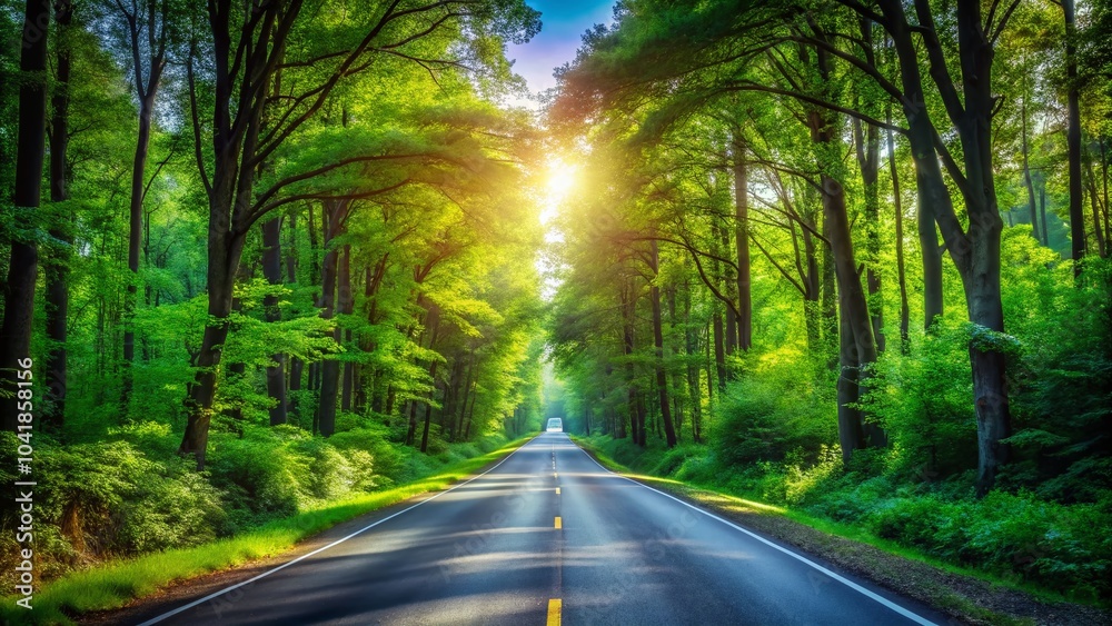 Obraz premium Empty Asphalt Road Through Lush Green Forest - Scenic Nature Pathway Photography