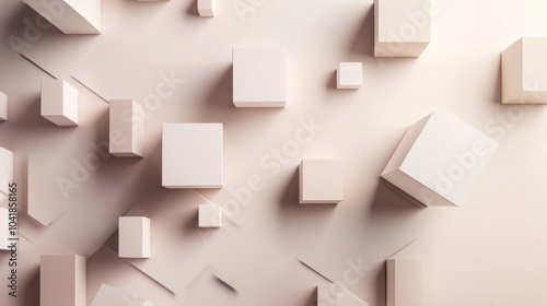 Geometric cubes in different sizes and shades appear on a light backdrop, interlinked by diagonal lines forming an abstract pattern. Generative AI