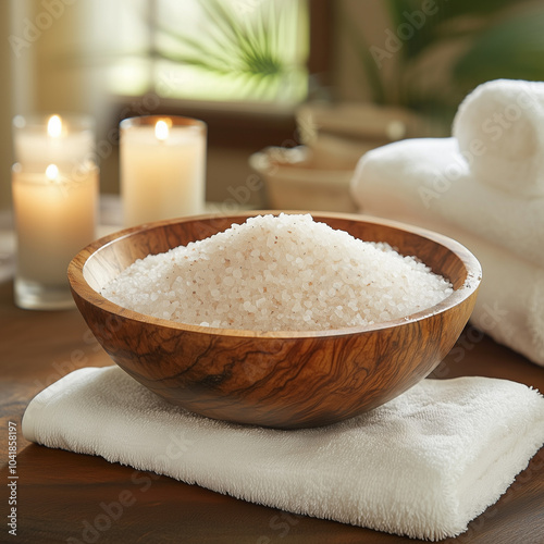 beauty treatment items for spa procedures on white wooden table with green plant. massage stones, essential oils and sea salt with burning candle 