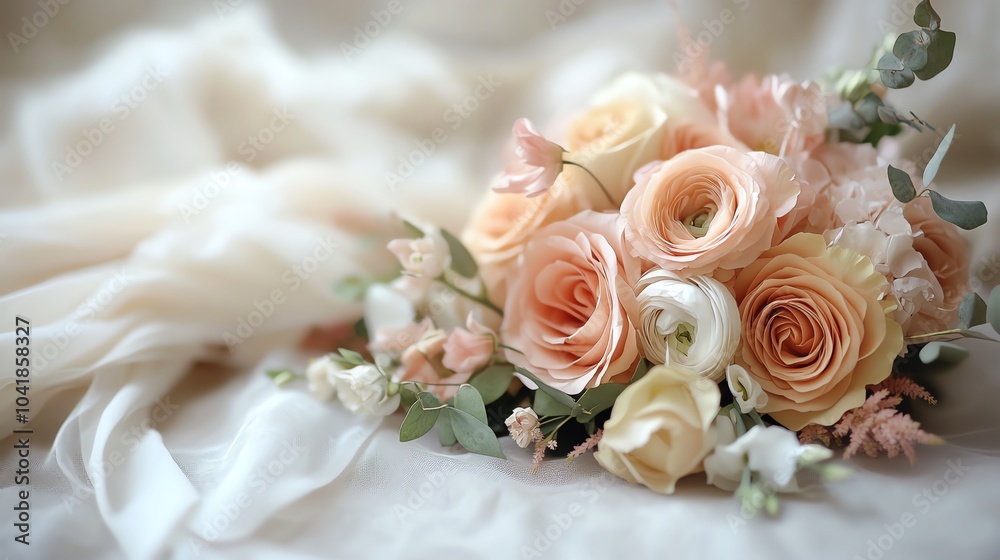 Fototapeta premium Delicate bouquet of soft peach roses and creamy flowers.