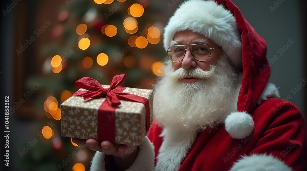 A festive scene featuring Santa Claus in a traditional red costume with a white beard, surrounded by Christmas decorations, presents, and a beautifully adorned holiday tree A festive scene featuring Santa Claus in a traditional red costume with a white beard, surrounded by Christmas decorations, presents, and a beautifully adorned holiday tree