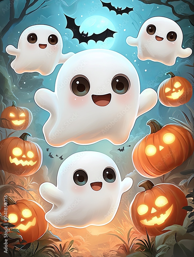 Obraz premium Cute Cartoon Ghosts Floating Among Halloween Pumpkins