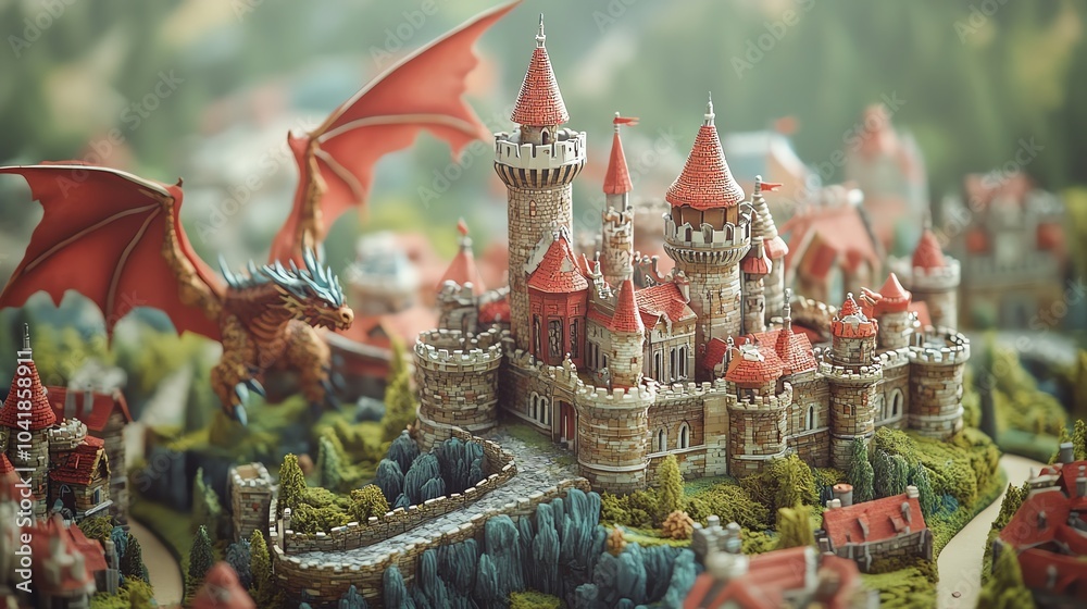 Fototapeta premium Fantasy castle with dragon on a whimsical landscape.