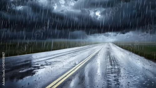 Rainy road under dark stormy sky with heavy downpour.