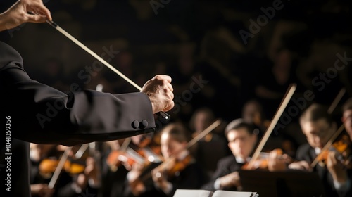 Passionate director guides concert orchestra through soaring music notes - skilled conductor raises stick for symphony performance while melody flows through opera hall