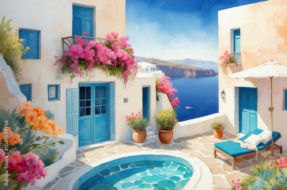 Fototapeta premium Mediterranean luxury beach hotel landscape painting illustration, travel theme concept texture design. 