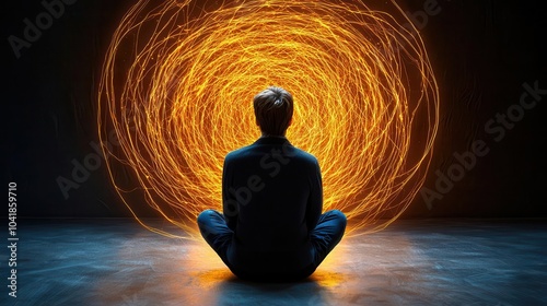 Person meditating amidst a glowing circular pattern, dark background.
