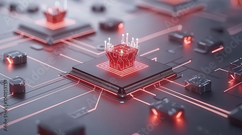 Futuristic circuit board with glowing red microchips and complex patterns.