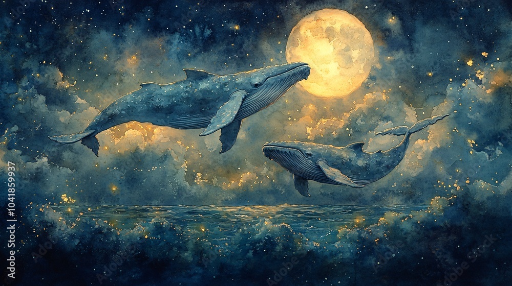 Fototapeta premium Whales Gliding Under the Moon in Watercolor Art