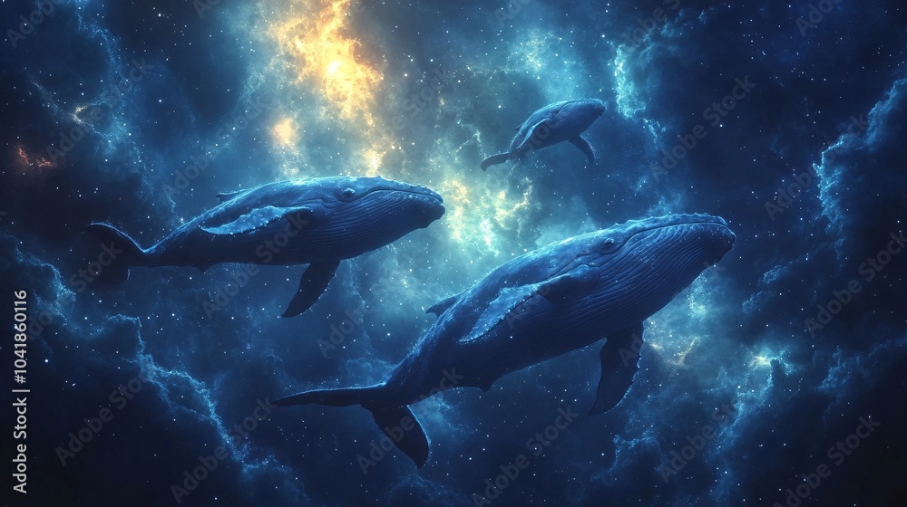 Fototapeta premium Whales Gliding Through a Starry Cosmic Sky