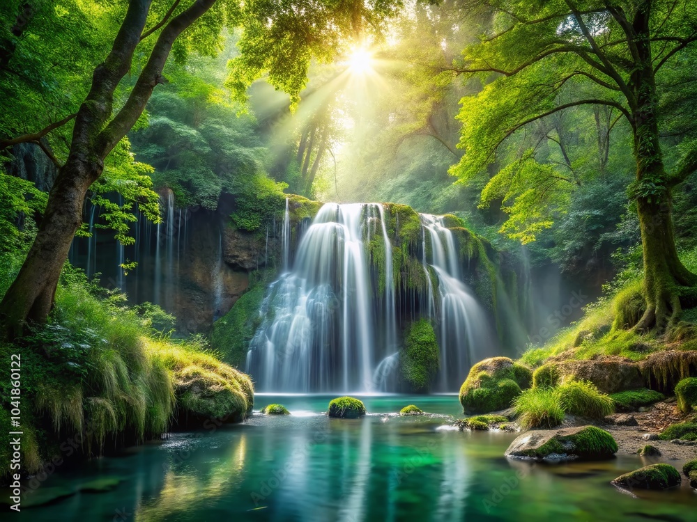 Fototapeta premium Enchanted Waterfall in Lush Forest with Bokeh Effect for Tranquility and Natural Beauty