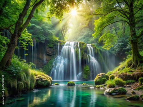 Enchanted Waterfall in Lush Forest with Bokeh Effect for Tranquility and Natural Beauty
