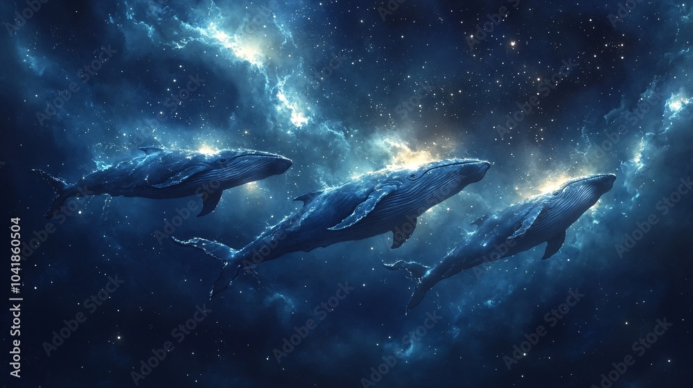 Fototapeta premium Whales Swimming in Cosmic Watercolor Illustration