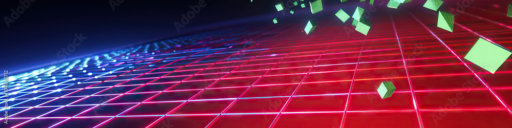 Vivid Red and Blue Abstract Grid Pattern with Falling Green Squares Vivid Red and Blue Abstract Grid Pattern with Falling Green Squares