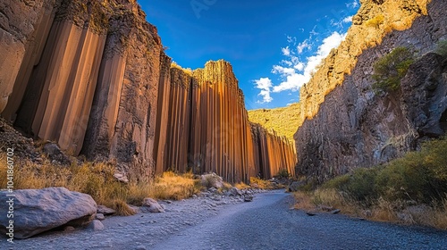 Basaltic Prisms of Santa Maria Regla. Tall columns of basalt rock in canyon, Huasca de Ocampo, Mexico 