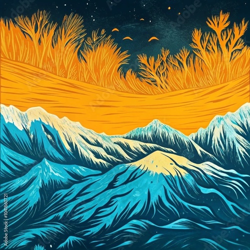 colorful waves & yellow trees, generative AI, AI generated