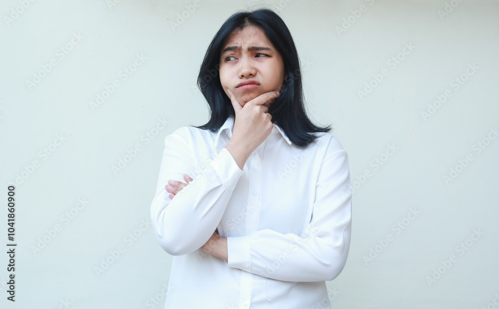 studio shot of worried young asian business woman folded arms looking aside with hand on chin wearing white formal suit, negative afraid expression, standing studio shot of worried young asian business woman folded arms looking aside with hand on chin wearing white formal suit, negative afraid expression, standing