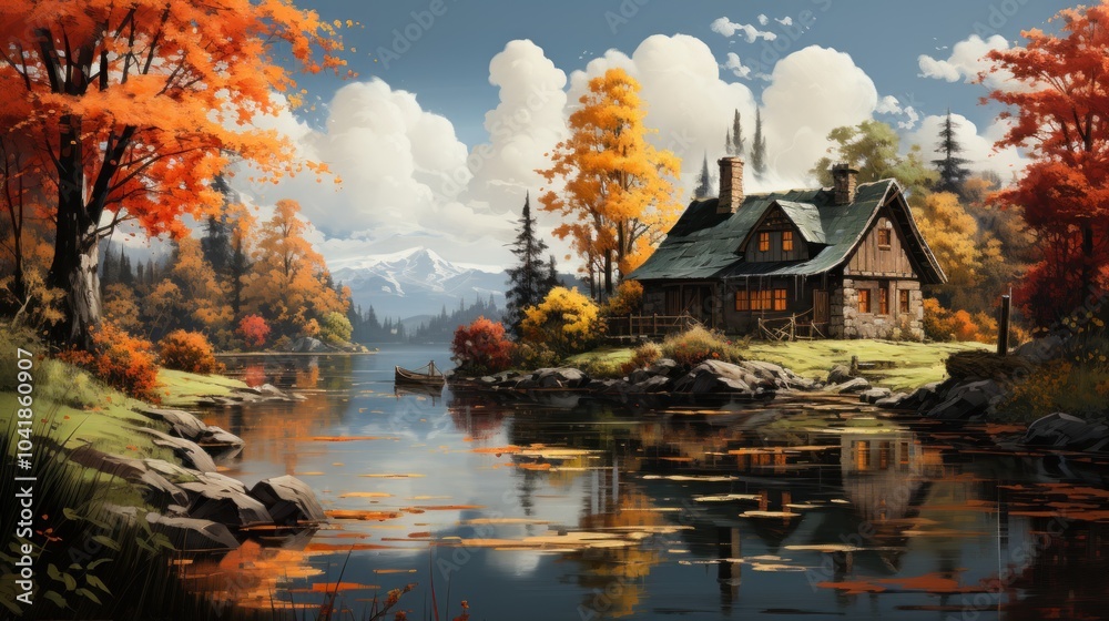 Fototapeta premium Cabin by the Lake in Autumn