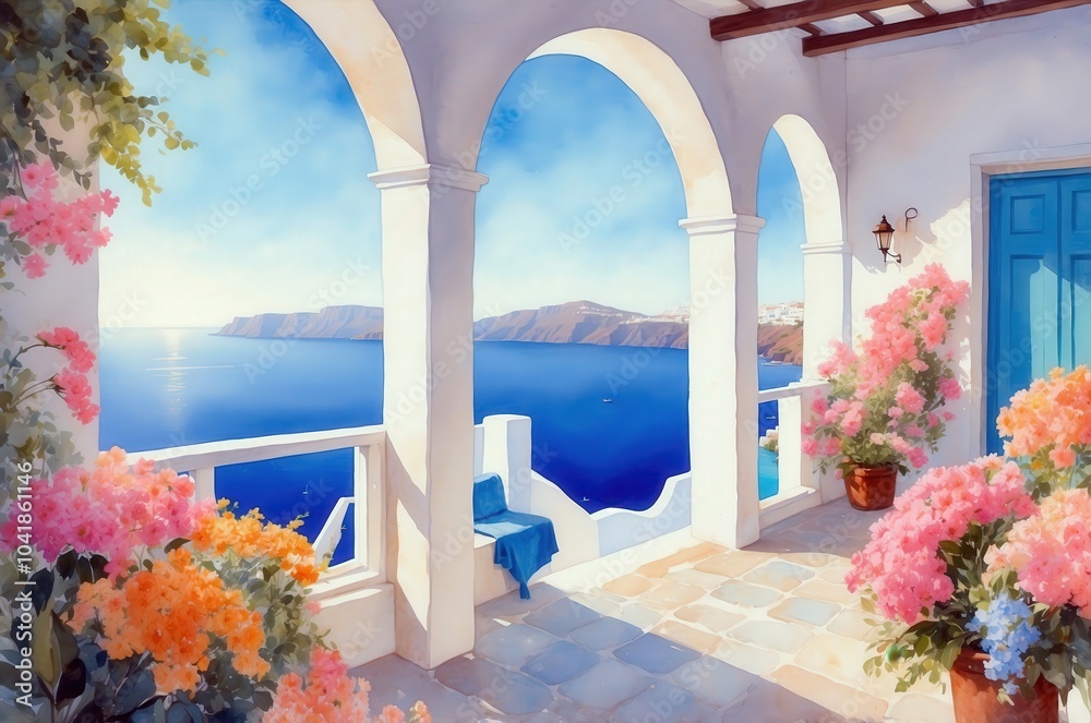 Fototapeta premium Mediterranean luxury beach hotel landscape painting illustration, travel theme concept texture design. 
