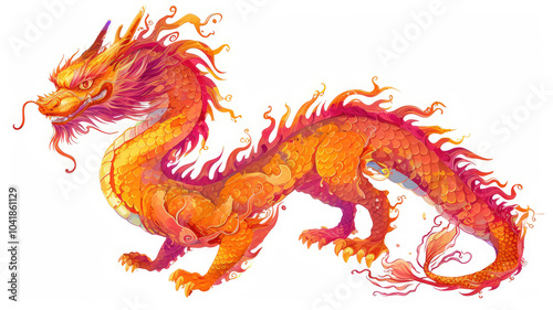 A vibrant, stylized illustration of a dragon with fiery colors and intricate details isolated on white background.