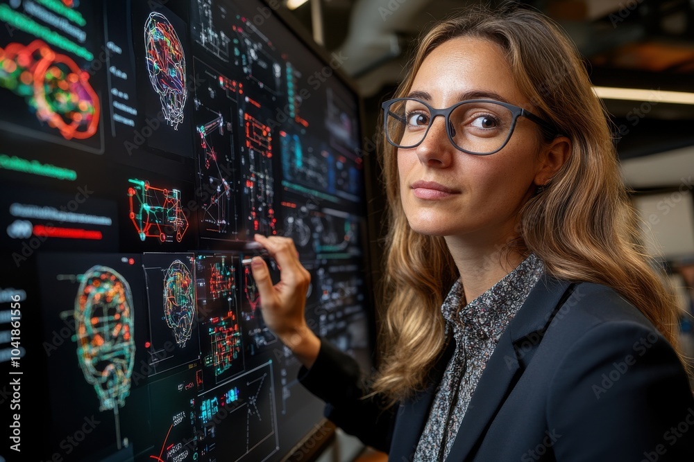 Tech Savvy Woman Analyzing Data on Digital Screen Tech Savvy Woman Analyzing Data on Digital Screen