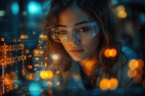 Scientist examines glowing matrix display attentively