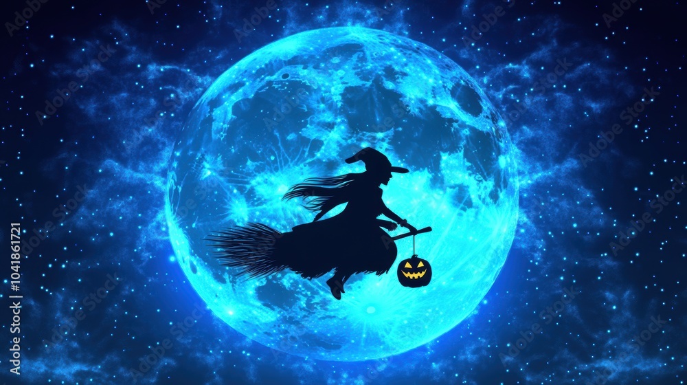 Flying witch on broom with full moon