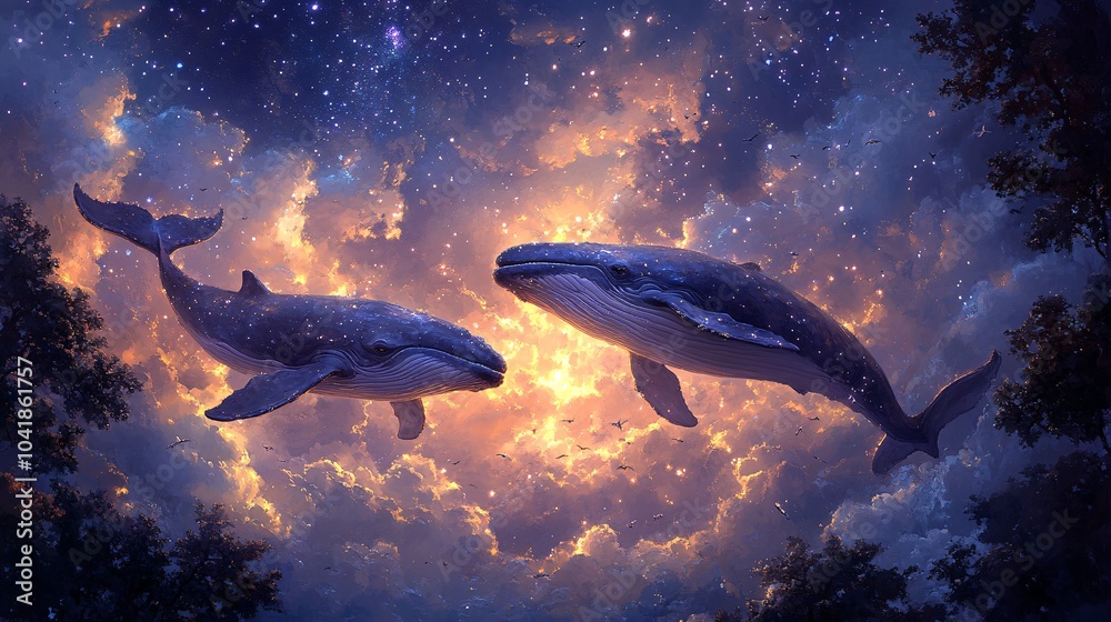 Fototapeta premium Whales Floating in a Starry Sky at Night