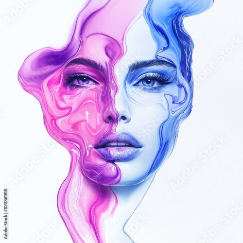 Dichromatic face in swirls of fluid pink and blue hues photo