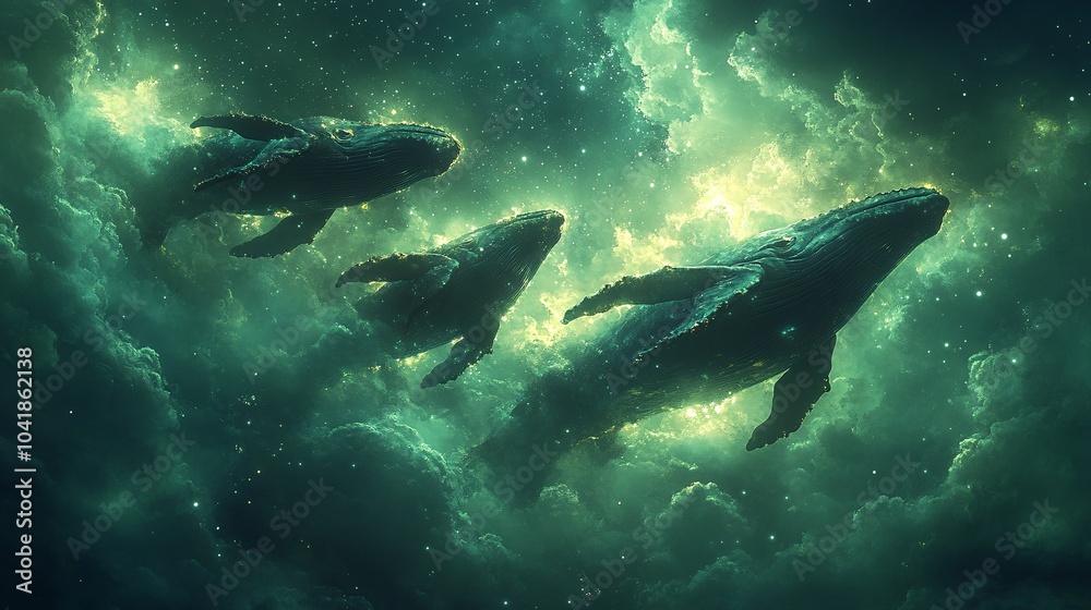 Obraz premium Ethereal Whales Gliding Through a Starry Night Sky
