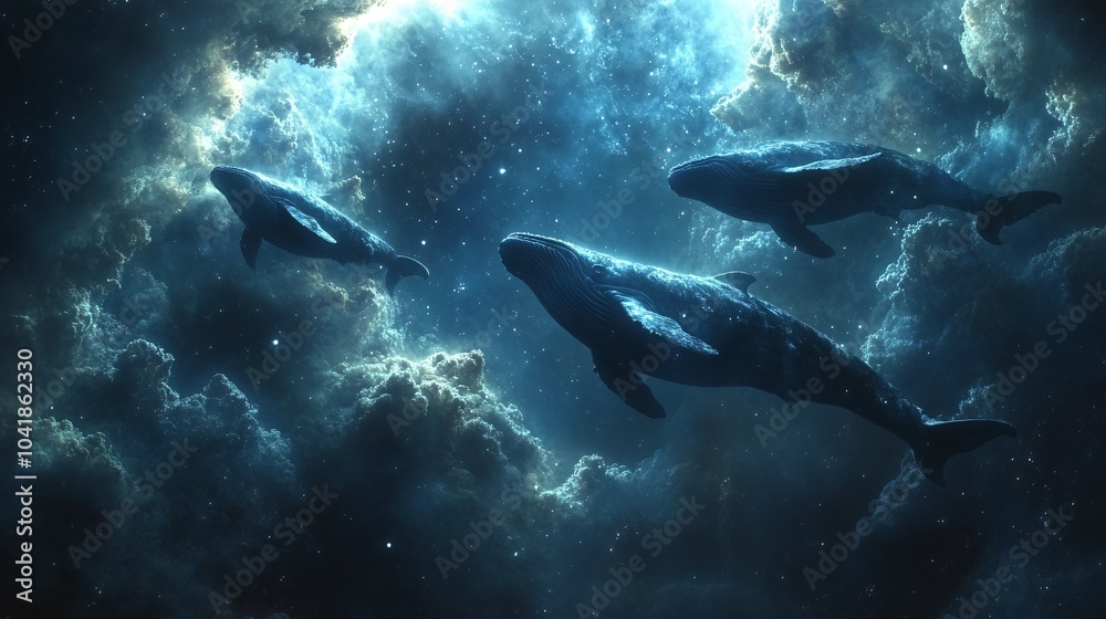 Naklejka premium Whales Gliding Through a Starry Night Sky