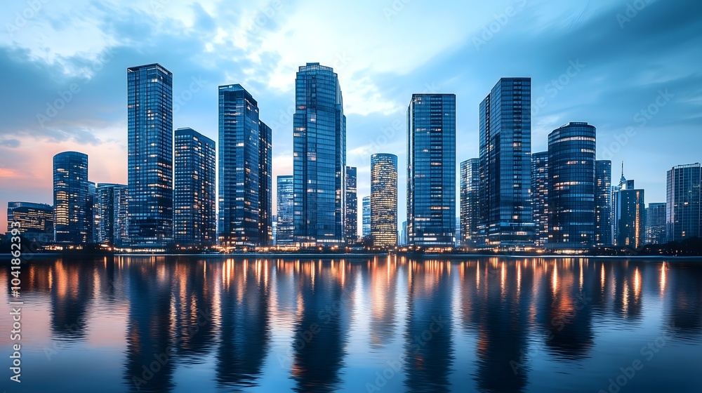 Fototapeta premium Stunning cityscape reflected in water during twilight a beautiful view of urban architecture